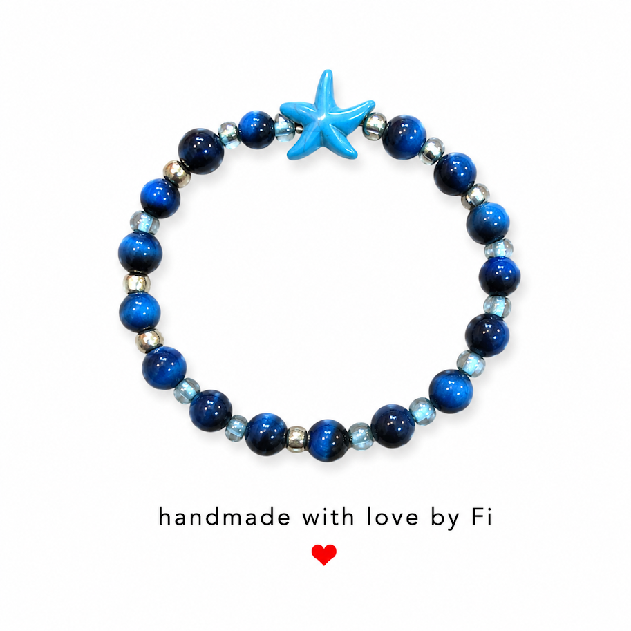 Blue tiger eye and turquoise starfish bracelet with hematite spacers and pale blue crystal seed beads handmade by Fi