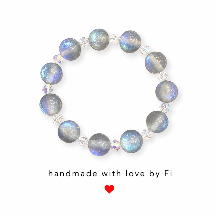 Grey aurora moonstone effect and AB crystal bicone bracelet handmade by Fi
