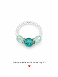 Teal crackle agate and mint crystal stretch ring on silver ball bead band handmade by Fi
