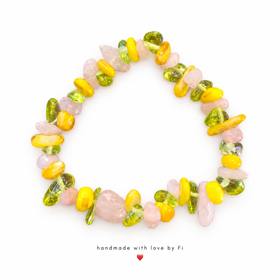 Handmade bracelet with bright yellow, leafy green and blush-pink gemstone-style chip beads