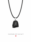 Raw black tourmaline rough chunk pendant necklace on black wax cord with silver bail handmade by Fi