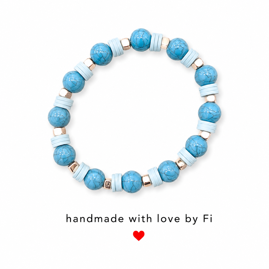 Turquoise crackle and pale blue heishi disc bracelet with silver cube spacers handmade by Fi