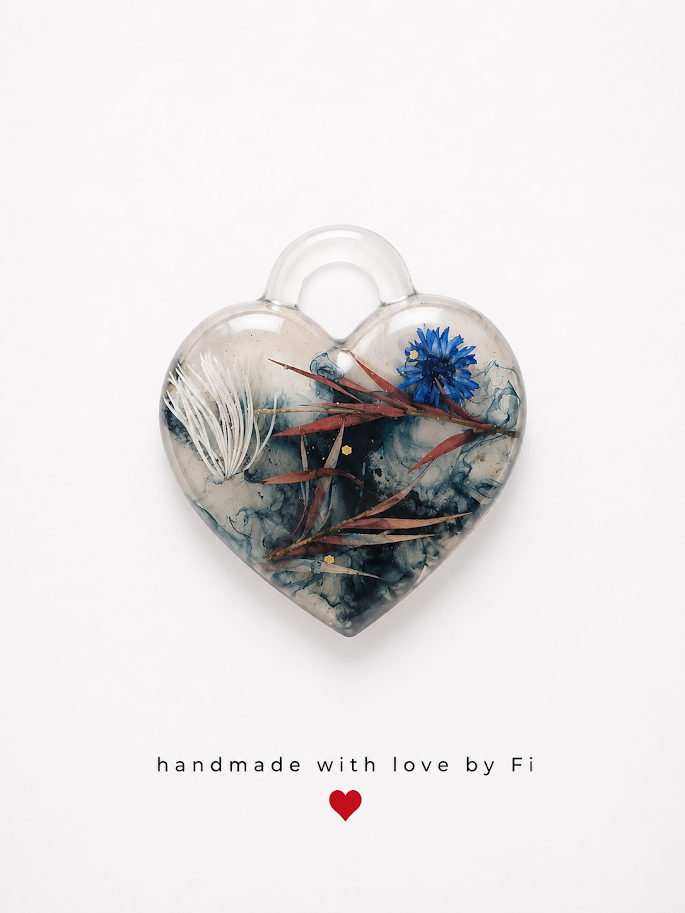 Navy ink swirl resin heart pendant with blue cornflower dried grass blades and white feather handmade by Fi