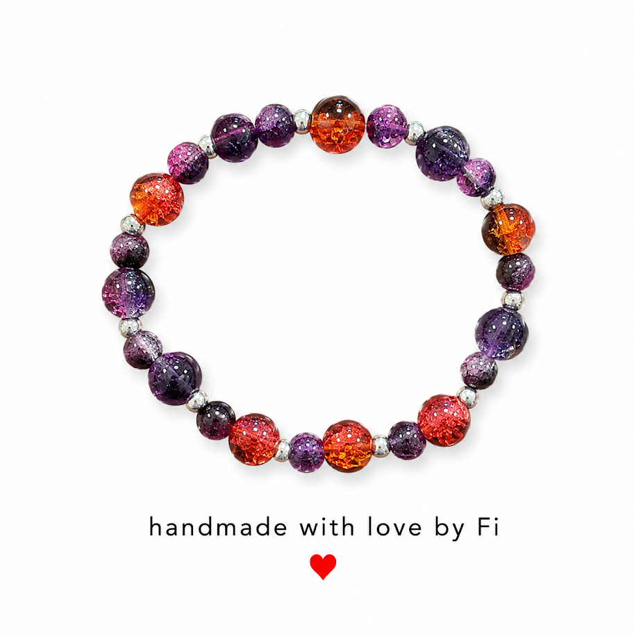 Purple and burnt orange crackle bead bracelet with silver spacers handmade by Fi
