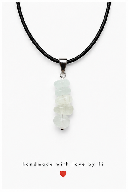 White moonstone chip pendant necklace on black leather cord handmade by Fi
