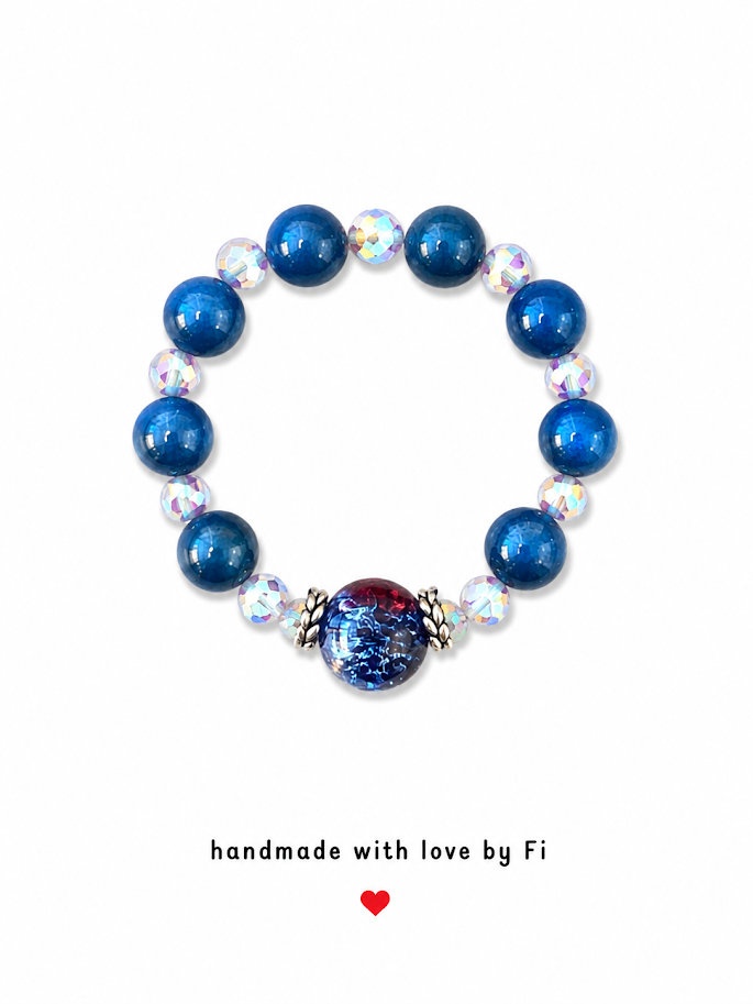 Blue agate and galaxy glass focal stretch ring with iridescent AB crystal rounds and silver tree branch bead caps handmade by Fi