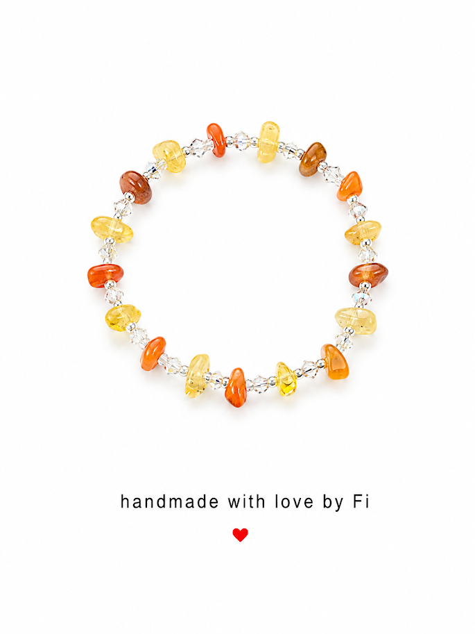 Citrine, carnelian and amber chip bracelet with clear crystal bicone spacers and silver ball beads handmade by Fi