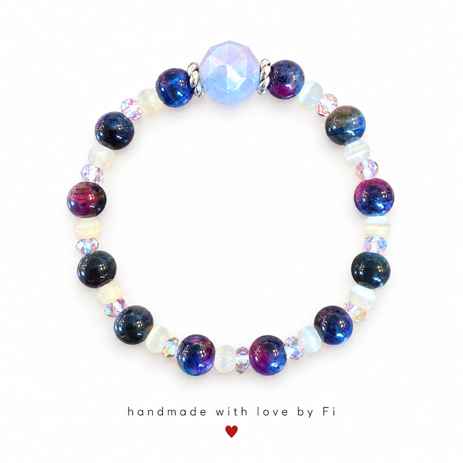 Galaxy Crackle & Opalite Moonstone Bracelet with Faceted Focal handmade by Fi