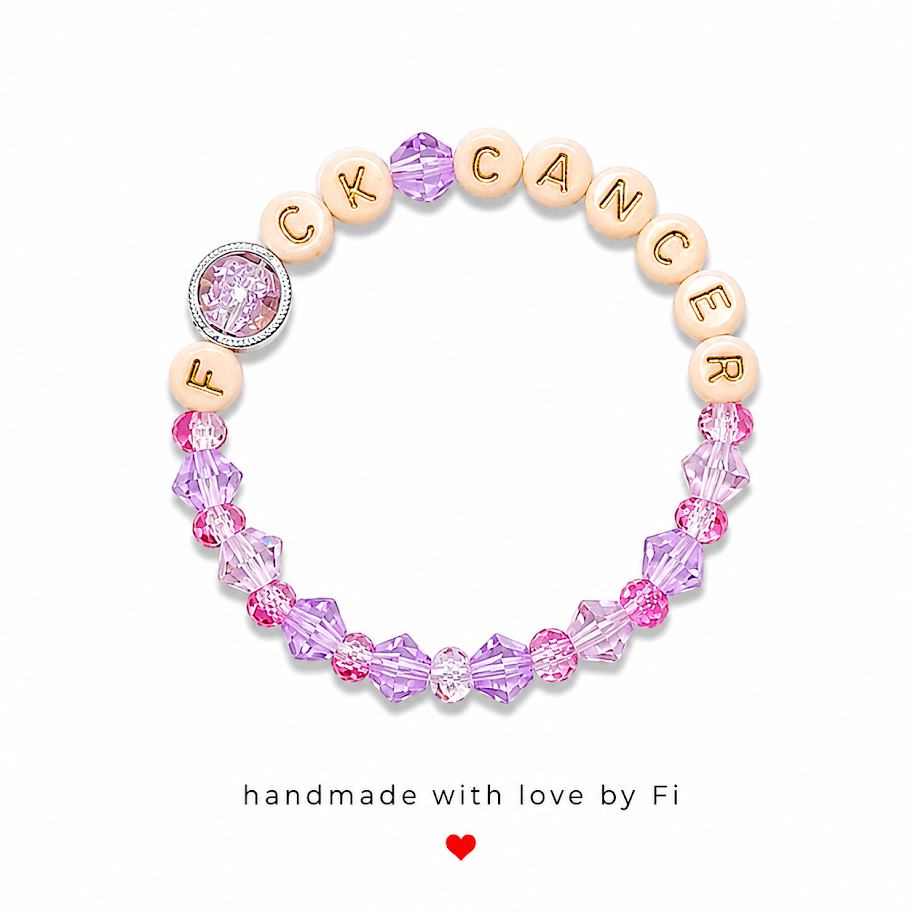 F*CK CANCER pink and lilac crystal letter bead charity bracelet with pink glitter charm handmade by Fi — £1 from every sale donated to cancer charity