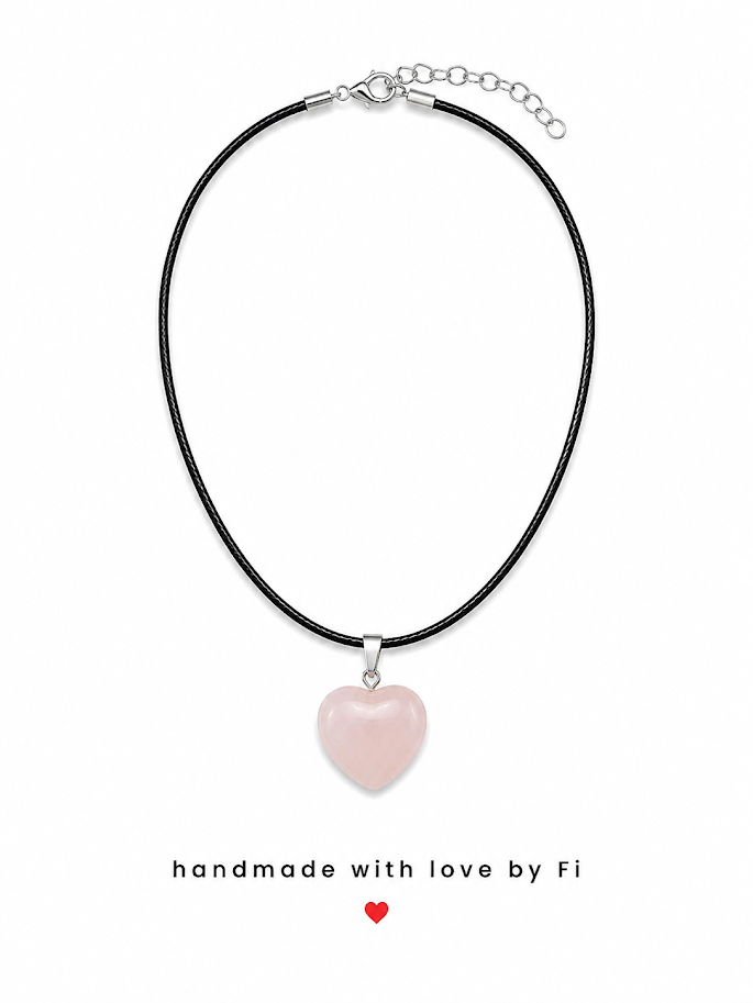 Rose quartz heart pendant necklace on black cord handmade by Fi