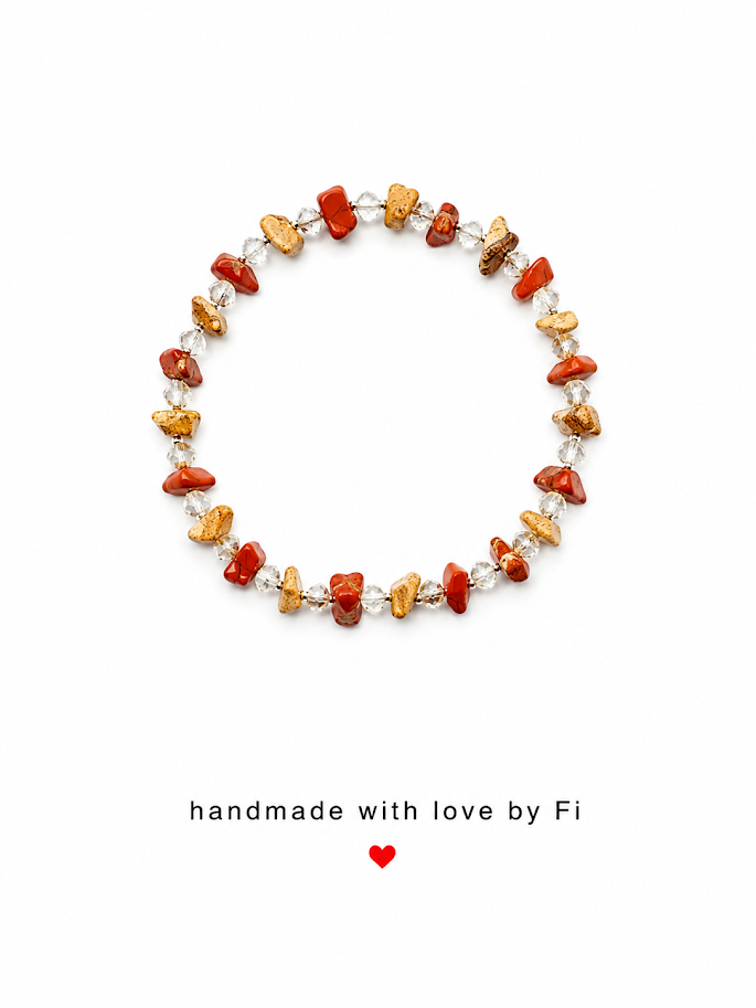 Red jasper and golden picture jasper chip bracelet with clear crystal bicone spacers handmade by Fi