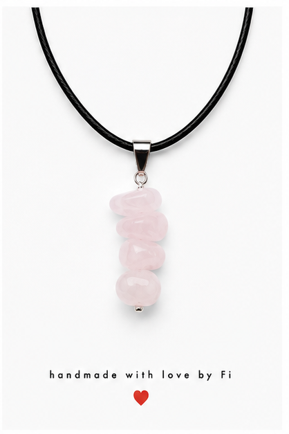 Rose quartz chip pendant necklace on black leather cord handmade by Fi