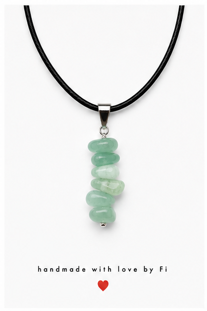 Green aventurine chip pendant necklace on black leather cord handmade by Fi
