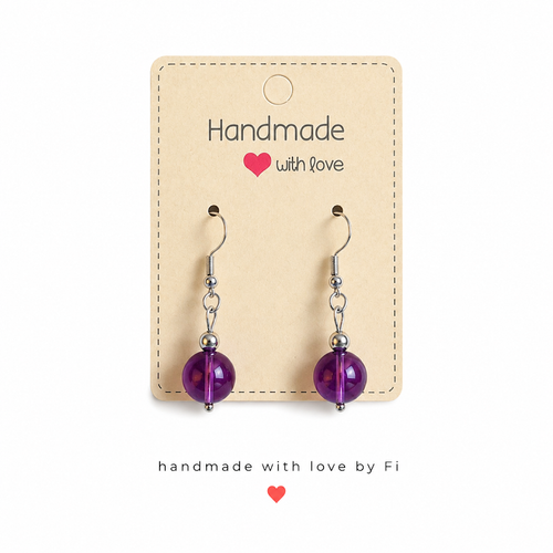 Amethyst drop earrings on silver-tone hooks handmade by Fi
