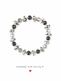 Dalmatian jasper, black onyx and smoky crackle quartz bracelet with silver rondelle spacers handmade by Fi