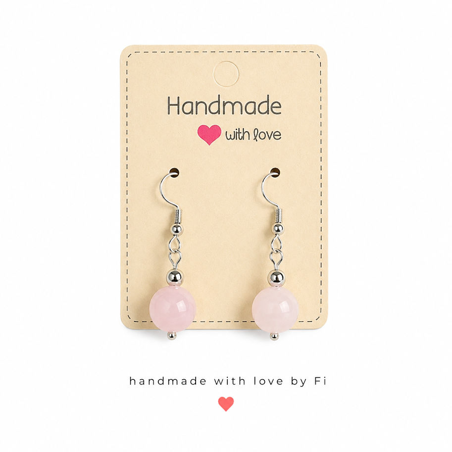 Rose quartz drop earrings on silver-tone hooks handmade by Fi