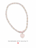 Rose quartz heart pendant necklace on iridescent crystal bead strand handmade by Fi