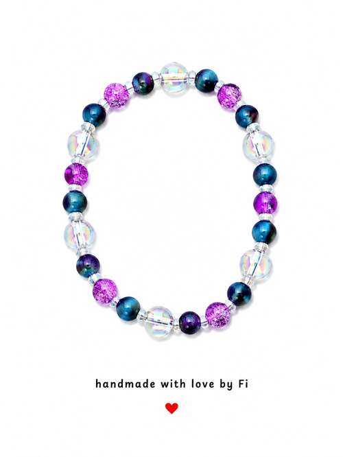 Blue tiger's eye, moonstone AB crystal and pink crackle quartz bracelet with crystal spacers handmade by Fi