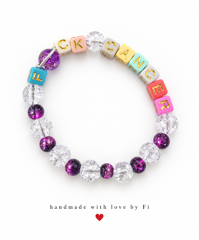 F*ck Cancer Pastel Letter Cube, Purple Galaxy & Crackle Bead Bracelet handmade by Fi