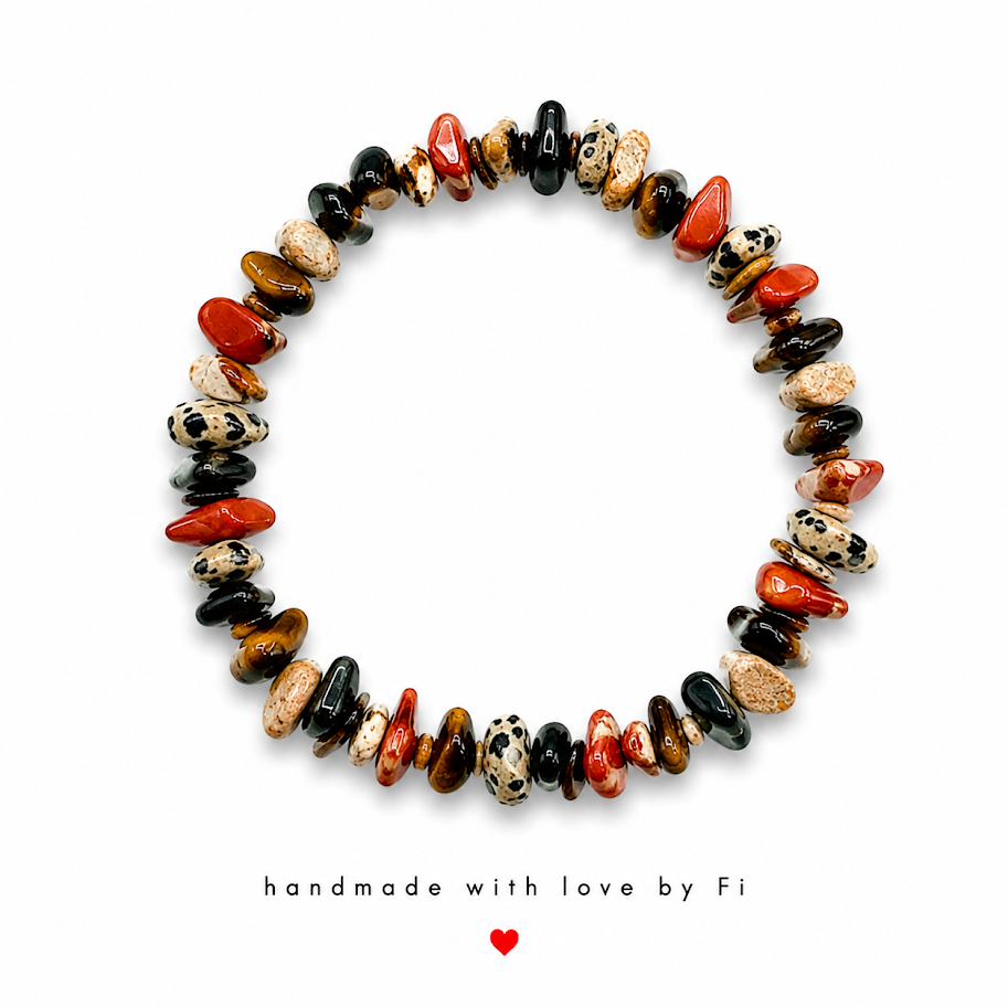 Dalmatian jasper mixed stone chip stretch bracelet handmade by Fi