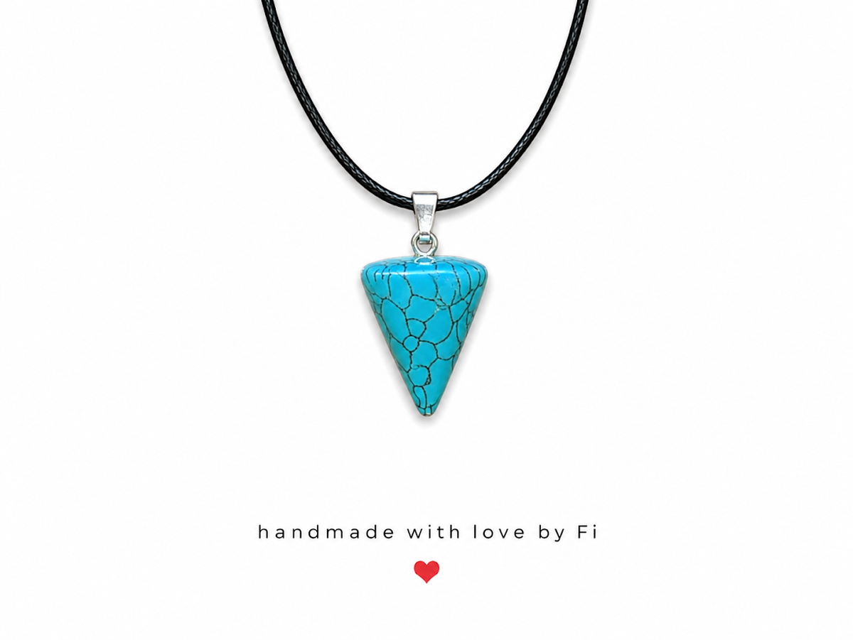 Turquoise howlite cone pendant necklace on black wax cord with silver bail handmade by Fi