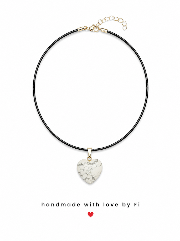 White howlite heart pendant necklace on black cord with gold clasp handmade by Fi